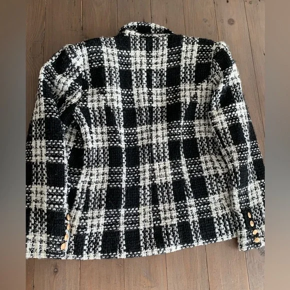 L’Agence Kenzie tweed double breasted blazer jacket ivory black
